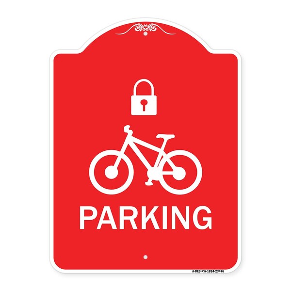 Parking With Cycle and Lock, Red & White Aluminum Architectural Sign, 18" x 24", RW-1824-23476